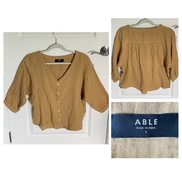 ABLE Tan Cotton Gauze V-Neck Button Down Blouse Top - 35960 - Picture 13 of 13